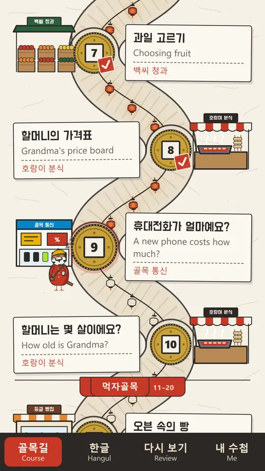 The level 1 map in the app: the alley market, its lessons down a winding lane